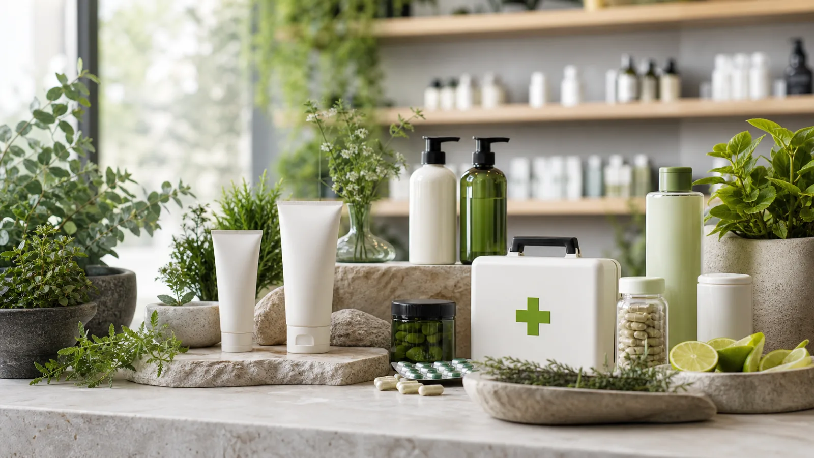 Well-stocked pharmacy shelves